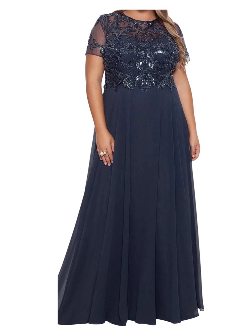 Xscape Mother of the Bride Dress! NWT Navy Beaded Short-Sleeve Maxi Gown